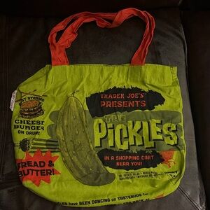 Trader Joe's Green and Red Tote Bag pickles store funny cheeseburger